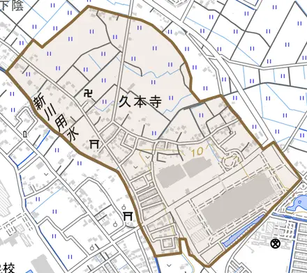 久本寺とその周辺の地図。町の範囲を重ねている