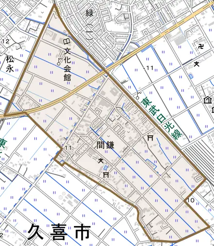 間鎌とその周辺の地図。町の範囲を重ねている