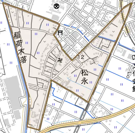 松永とその周辺の地図。町の範囲を重ねている