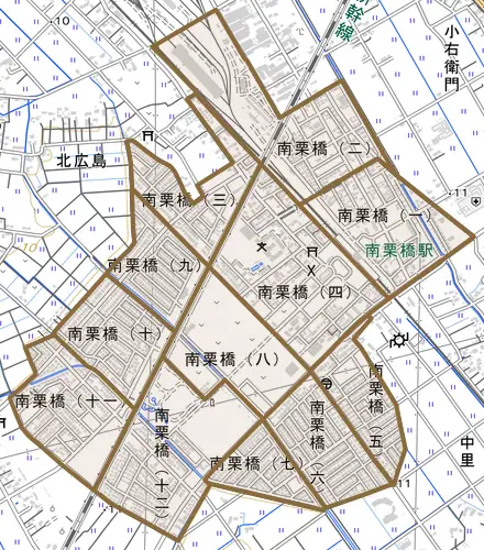 南栗橋とその周辺の地図。町の範囲を重ねている