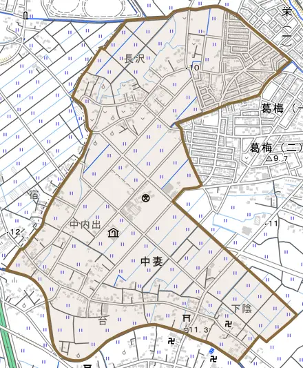 中妻とその周辺の地図。町の範囲を重ねている