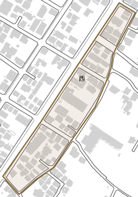 西とその周辺の地図。町の範囲を重ねている