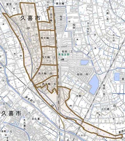 西大輪とその周辺の地図。町の範囲を重ねている