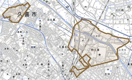 野久喜とその周辺の地図。町の範囲を重ねている
