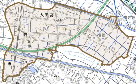 太田袋とその周辺の地図。町の範囲を重ねている