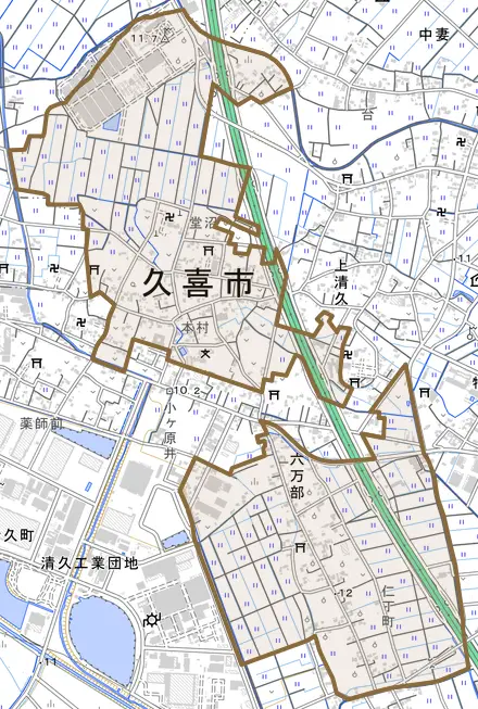 六万部とその周辺の地図。町の範囲を重ねている