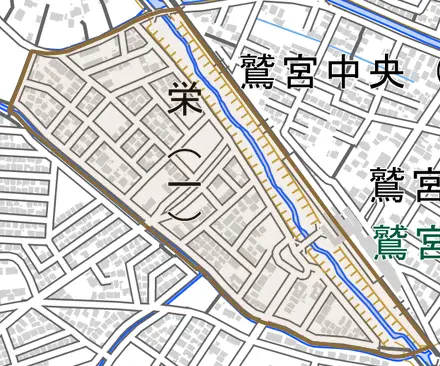 栄とその周辺の地図。町の範囲を重ねている