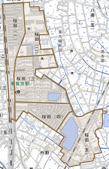 桜田とその周辺の地図。町の範囲を重ねている