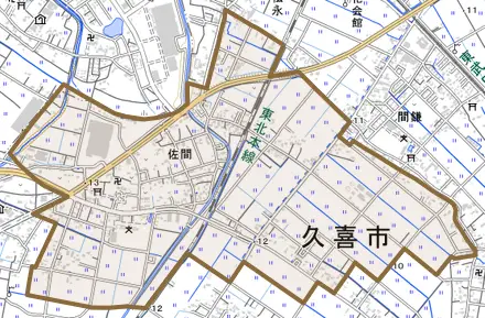 佐間とその周辺の地図。町の範囲を重ねている