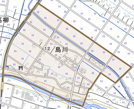 島川とその周辺の地図。町の範囲を重ねている