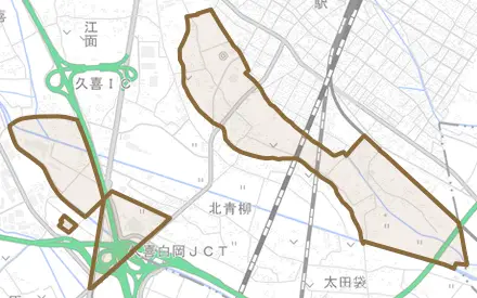 下早見とその周辺の地図。町の範囲を重ねている