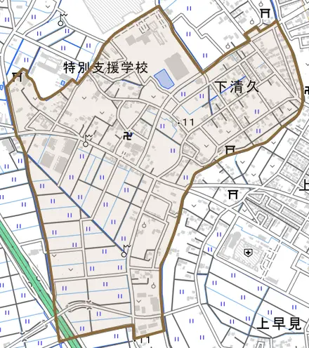 下清久とその周辺の地図。町の範囲を重ねている