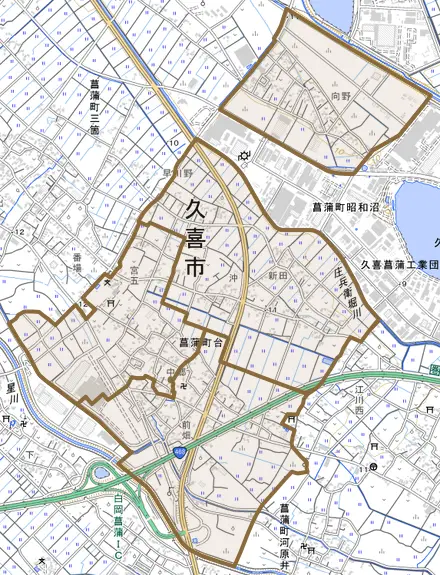 菖蒲町台とその周辺の地図。町の範囲を重ねている