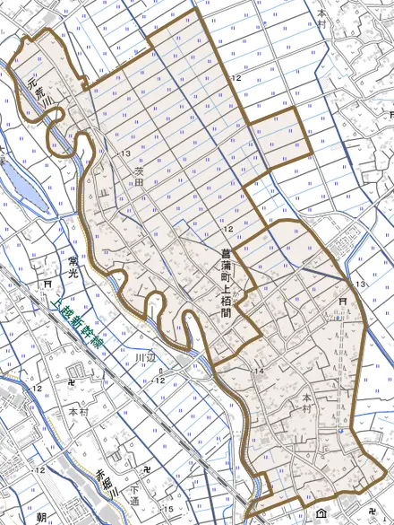 菖蒲町上栢間とその周辺の地図。町の範囲を重ねている