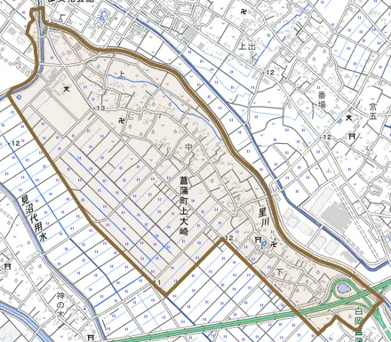 菖蒲町上大崎とその周辺の地図。町の範囲を重ねている