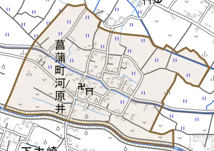 菖蒲町河原井とその周辺の地図。町の範囲を重ねている