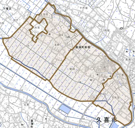 菖蒲町新堀とその周辺の地図。町の範囲を重ねている