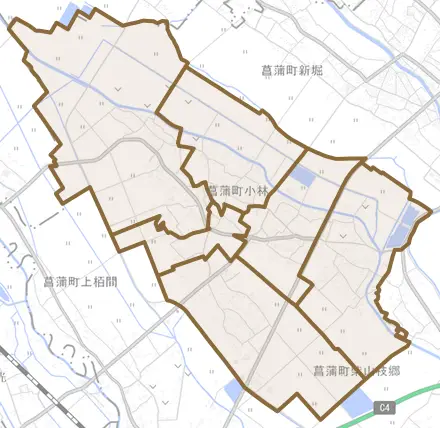 菖蒲町小林とその周辺の地図。町の範囲を重ねている