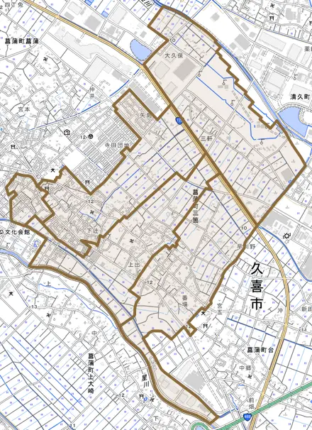 菖蒲町三箇とその周辺の地図。町の範囲を重ねている