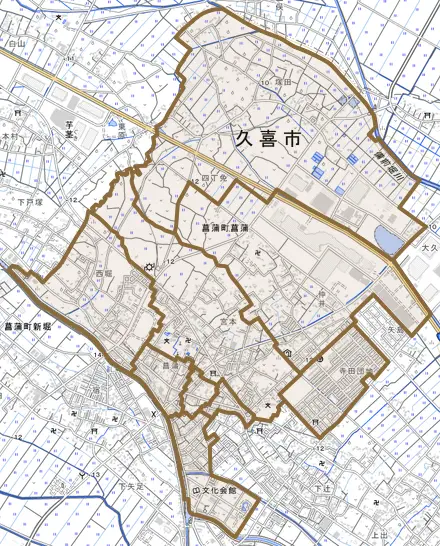 菖蒲町菖蒲とその周辺の地図。町の範囲を重ねている
