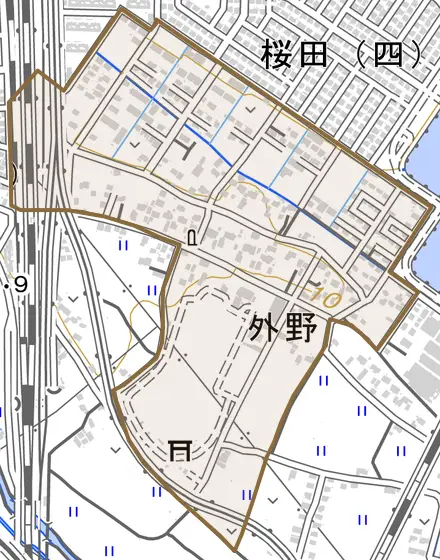 外野とその周辺の地図。町の範囲を重ねている