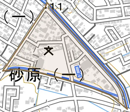 砂原とその周辺の地図。町の範囲を重ねている