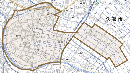 高柳とその周辺の地図。町の範囲を重ねている