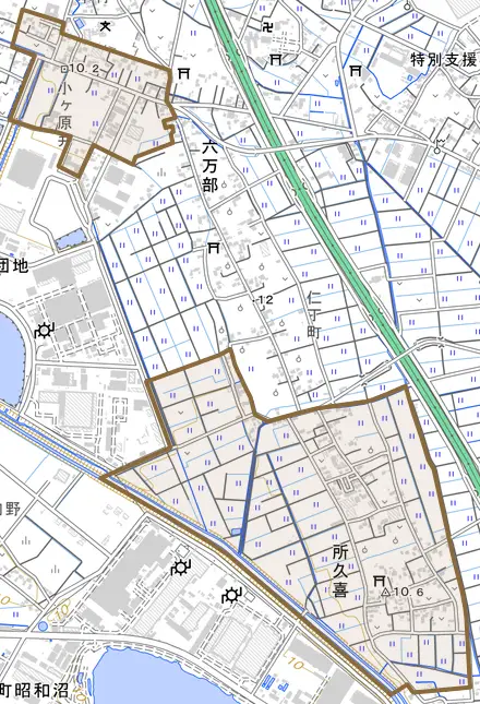 所久喜とその周辺の地図。町の範囲を重ねている