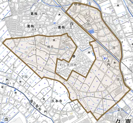 上内とその周辺の地図。町の範囲を重ねている