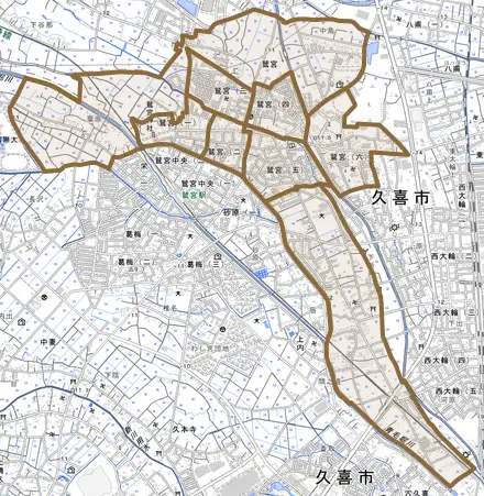 鷲宮とその周辺の地図。町の範囲を重ねている