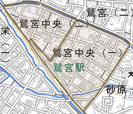 鷲宮中央とその周辺の地図。町の範囲を重ねている