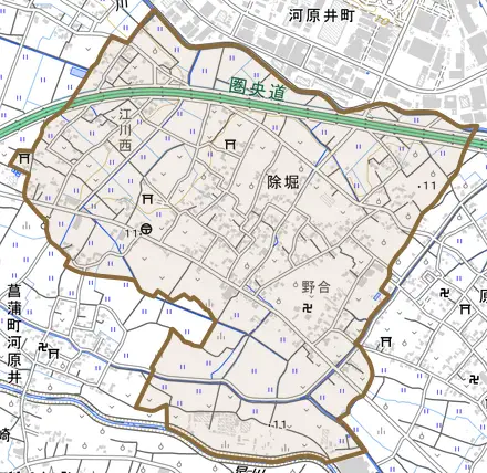除堀とその周辺の地図。町の範囲を重ねている
