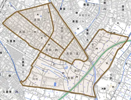 吉羽とその周辺の地図。町の範囲を重ねている