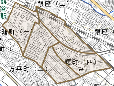 曙町とその周辺の地図。町の範囲を重ねている