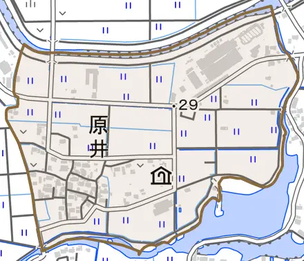原井とその周辺の地図。町の範囲を重ねている