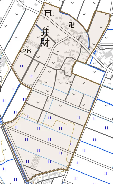 弁財とその周辺の地図。町の範囲を重ねている