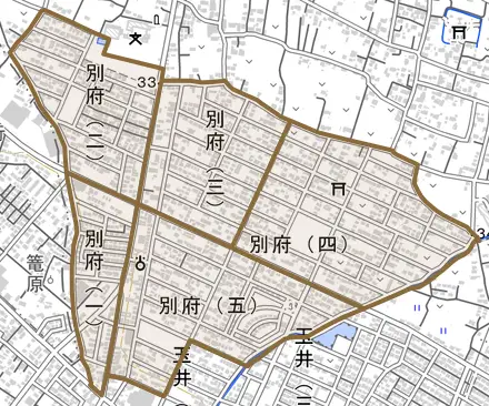 別府とその周辺の地図。町の範囲を重ねている