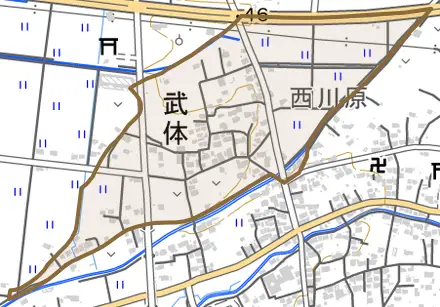 武体とその周辺の地図。町の範囲を重ねている