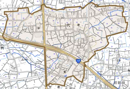 代とその周辺の地図。町の範囲を重ねている