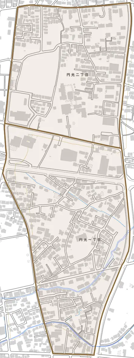 円光とその周辺の地図。町の範囲を重ねている