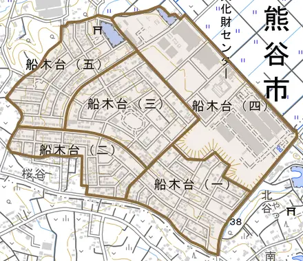 船木台とその周辺の地図。町の範囲を重ねている