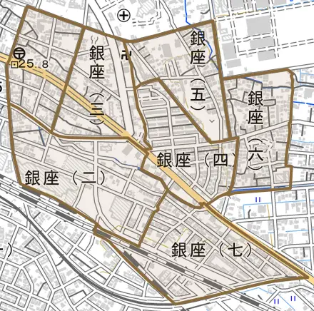 銀座とその周辺の地図。町の範囲を重ねている