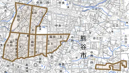 箱田とその周辺の地図。町の範囲を重ねている