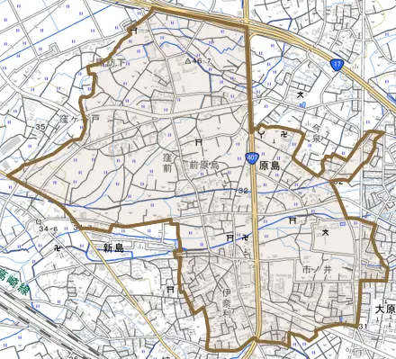 原島とその周辺の地図。町の範囲を重ねている