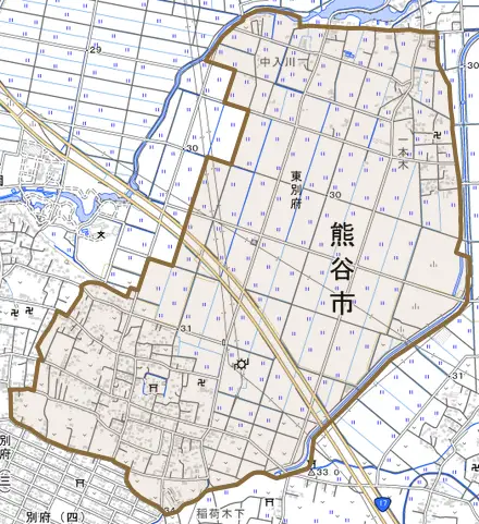 東別府とその周辺の地図。町の範囲を重ねている