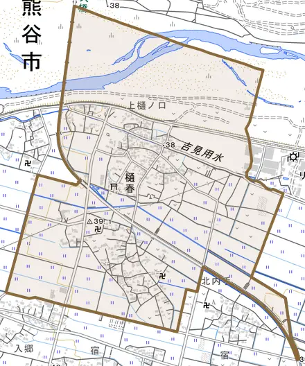 樋春とその周辺の地図。町の範囲を重ねている