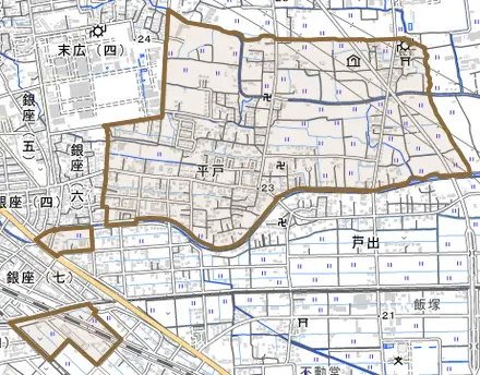 平戸とその周辺の地図。町の範囲を重ねている