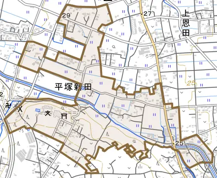 平塚新田とその周辺の地図。町の範囲を重ねている