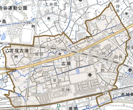 広瀬とその周辺の地図。町の範囲を重ねている