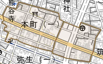 本町とその周辺の地図。町の範囲を重ねている